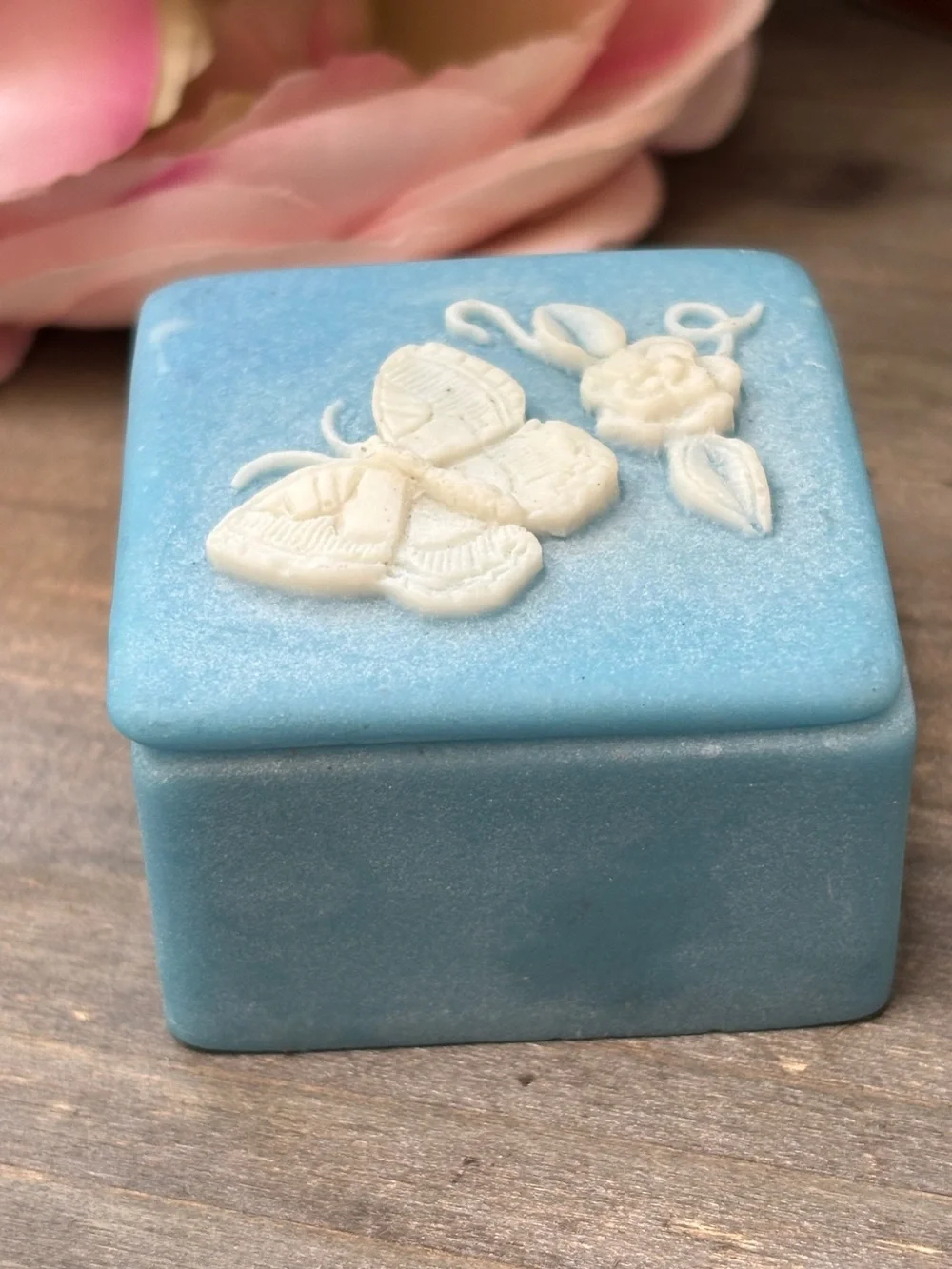 Vintage Incolay Trinket Box Turquoise Blue, 3D White Butterfly Flower